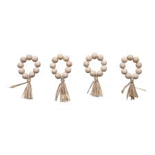 Wood Bead Napkin Ring with Raffia Tassels Set of 4